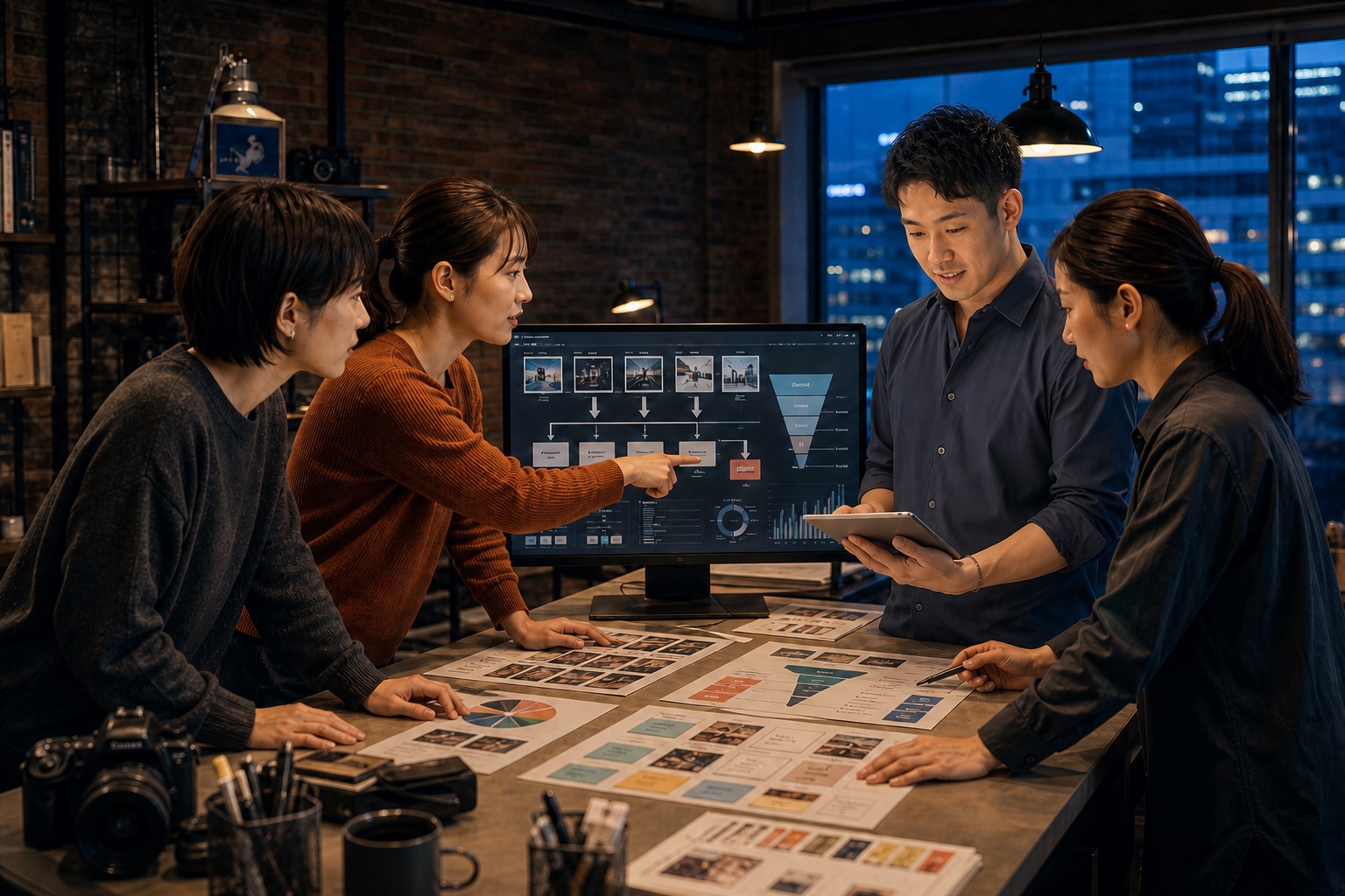 夜の制作スタジオでチームとマーケティング戦略を組み立てる沢坂弘樹